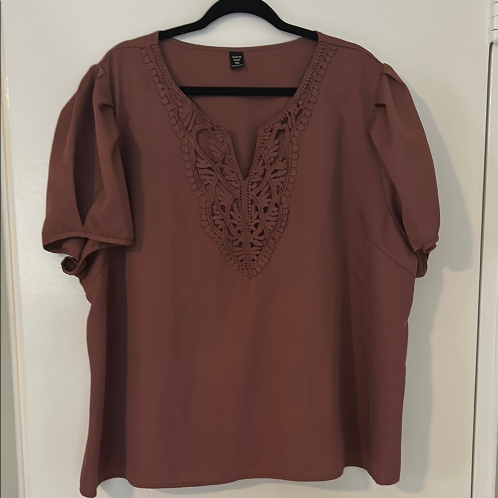 SHEIN Brown Relaxed Blouse with V-Neck and Short Puffed Sleeves
